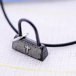 Collar Con Colgante De Titanio Con Candado Negro De Moda, Versículo Bíblico Y Cruz