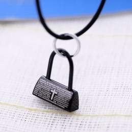 Collar Con Colgante De Titanio Con Candado Negro De Moda, Versículo Bíblico Y Cruz