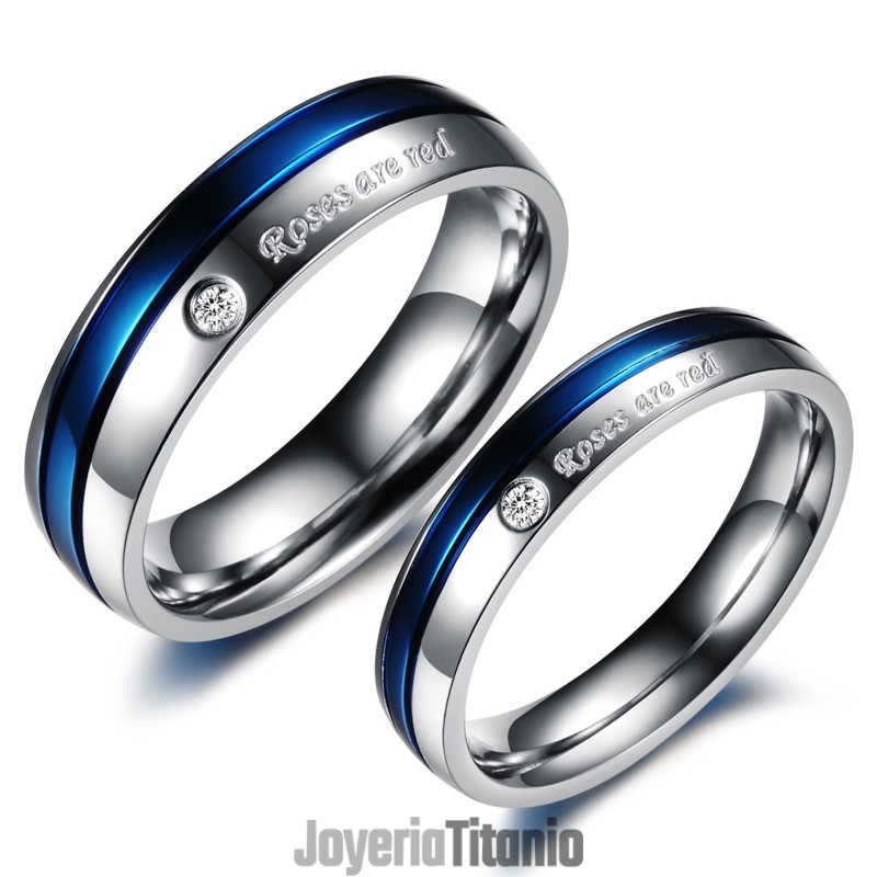 Anillo De Titanio Blanco Y Azul Con Diamantes De Alta Calidad Para Amantes.