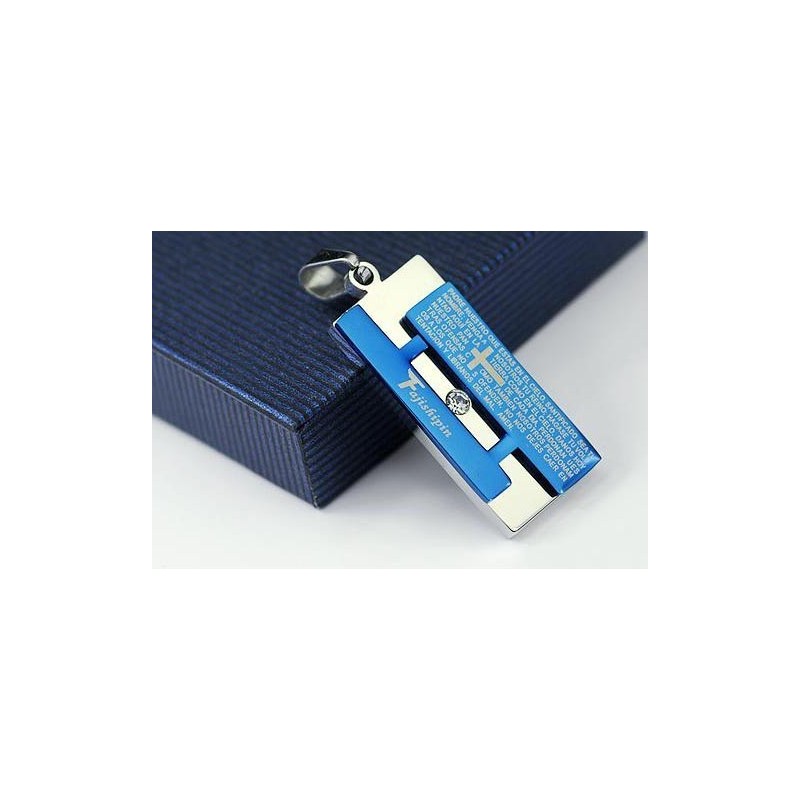 Colgante Y Collar Rectangular Con La Biblia Y La Cruz Azul De Man Colgante Y Collar Rectangular Con La Biblia Y La Cruz Azul De Man