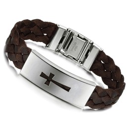 Brazalete De Cuero Y Titanio Con Cruz Masculina De Calidad Estable