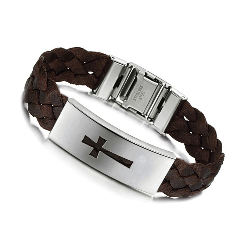 Brazalete De Cuero Y Titanio Con Cruz Masculina De Calidad Estable
