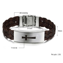 Brazalete De Cuero Y Titanio Con Cruz Masculina De Calidad Estable
