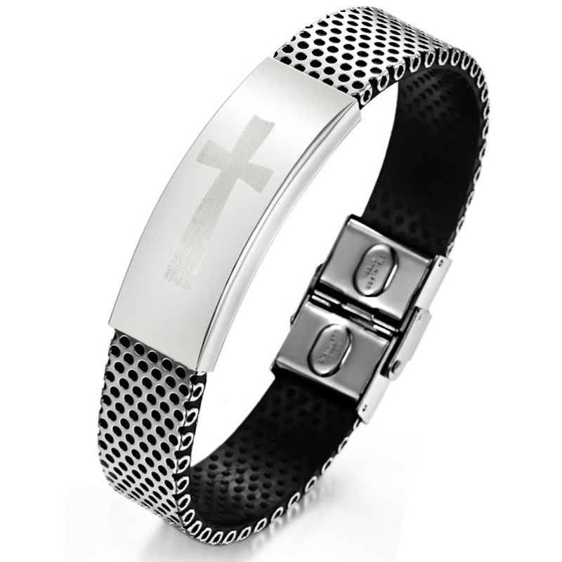 Brazalete De Cuero Y Titanio Con Cruz Masculina, Calidad Y Cantidad Garantizadas Brazalete De Cuero Y Titanio Con Cruz Masculina, Calidad Y Cantidad Garantizadas