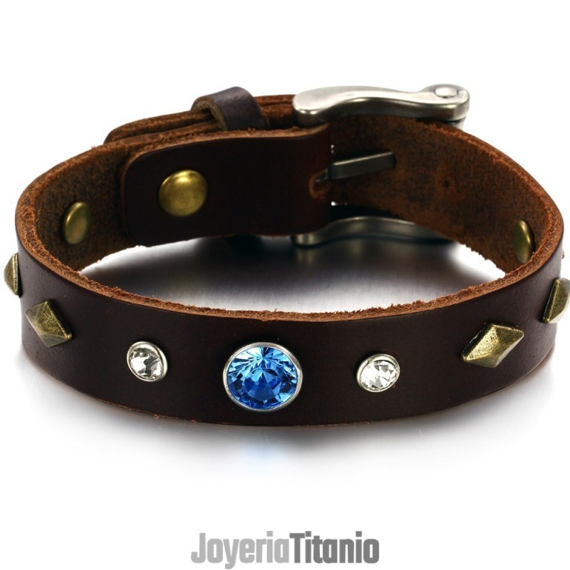 Brazalete De Cuero De Titanio Retro Duradero Con Diamantes De Imitación Brazalete De Cuero De Titanio Retro Duradero Con Diamantes De Imitación