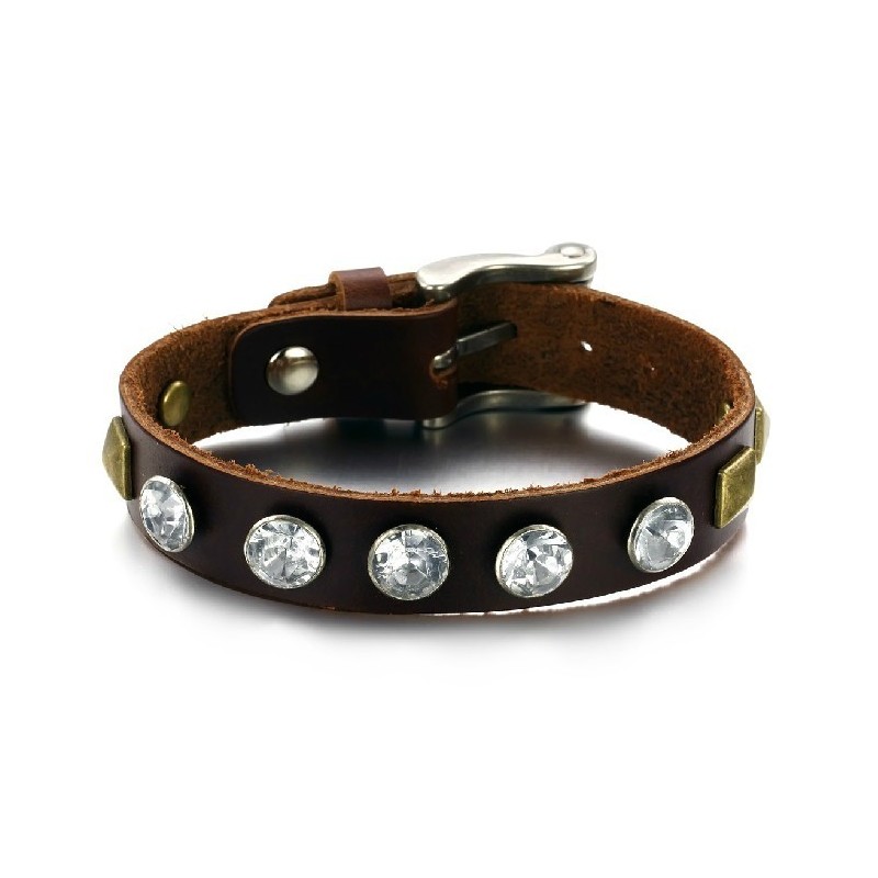 Brazalete De Cuero De Titanio Retro De Alta Calidad Con Diamantes De Imitación Brazalete De Cuero De Titanio Retro De Alta Calidad Con Diamantes De Imitación