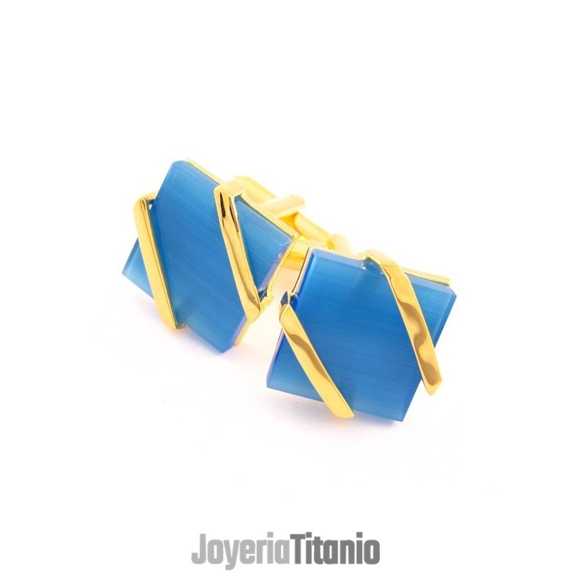 Gemelos De Titanio Y Baño De Ip Dorado Con Ágata Azul Cielo