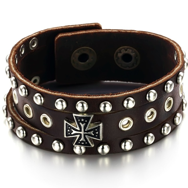 Brazalete De Cuero De Titanio Con Cruz De Alta Calidad