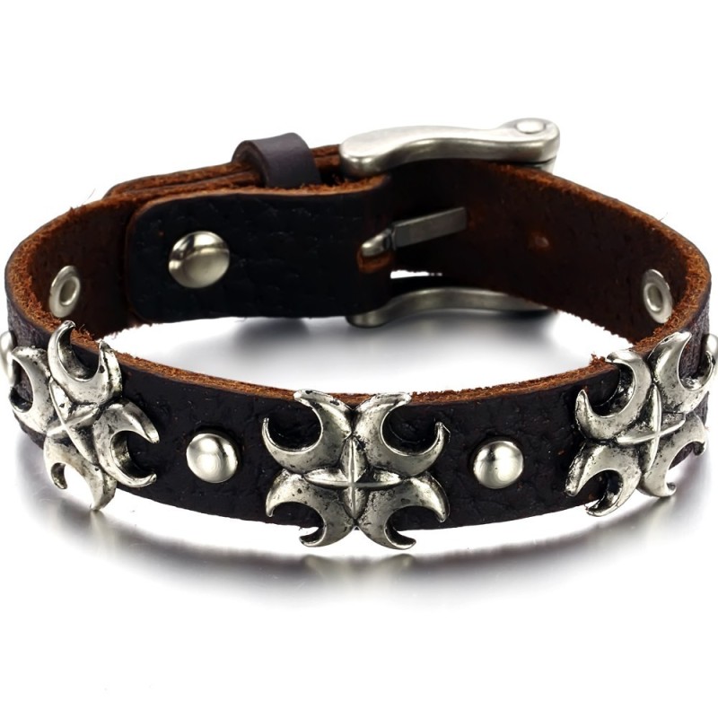 Brazalete De Cuero Y Titanio Con Cruz De La Reina De La Calidad Brazalete De Cuero Y Titanio Con Cruz De La Reina De La Calidad