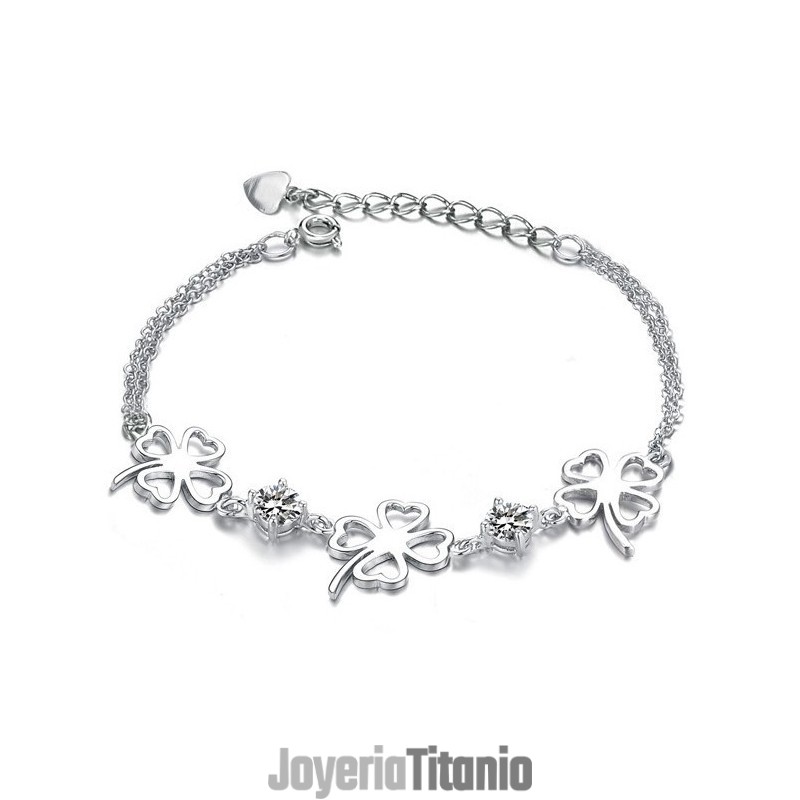 Pulsera De Titanio Con Baño De Platino Y Diamantes En Forma De Trébol Para Mujer De Calidad. Pulsera De Titanio Con Baño De Platino Y Diamantes En Forma De Trébol Para Mujer De Calidad.