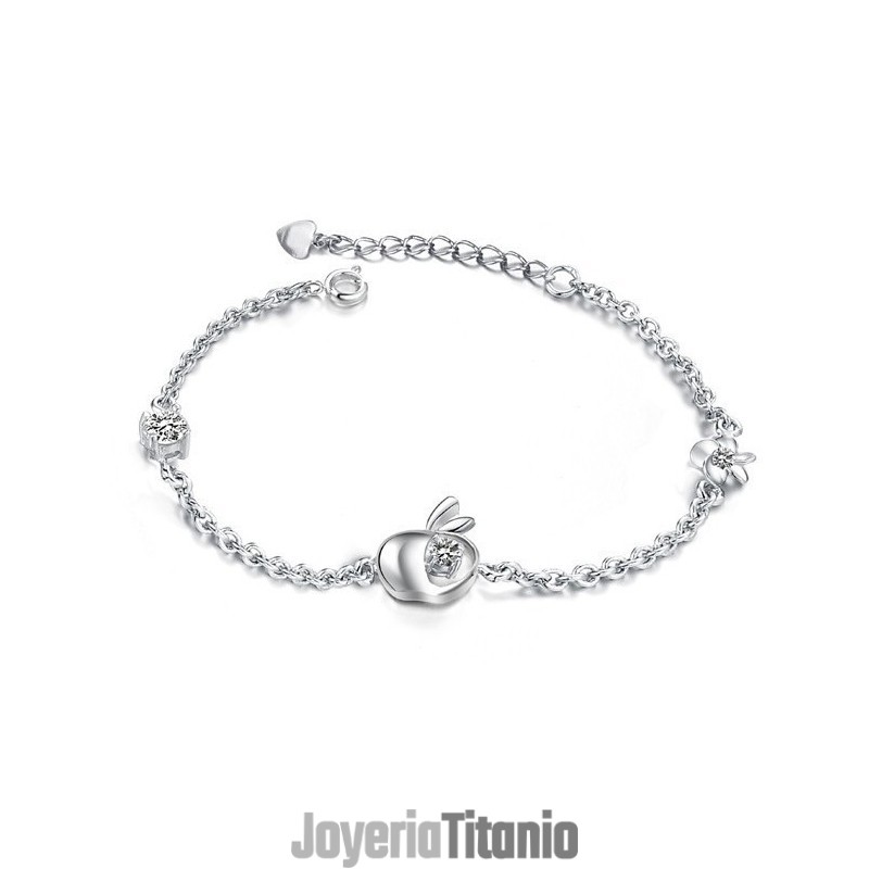 Pulsera De Titanio Con Baño De Platino Y Diamantes En Forma De Manzana Para Mujer. Pulsera De Titanio Con Baño De Platino Y Diamantes En Forma De Manzana Para Mujer.