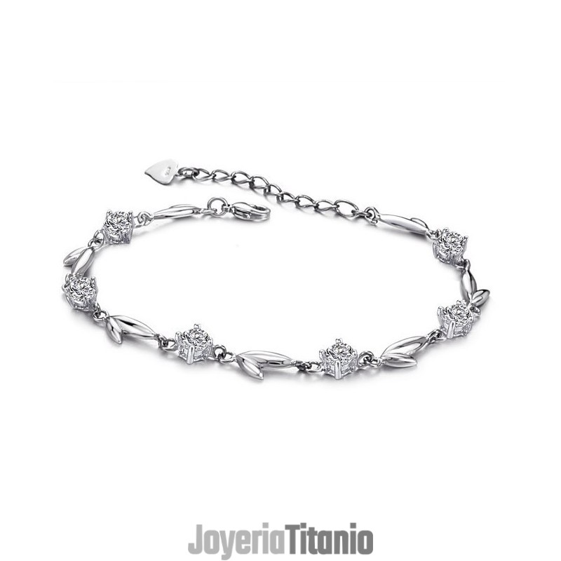 Pulsera De Titanio Con Baño De Platino Y Diamantes De Imitación, De Excelente Calidad, Con Forma De Hoja Femenina. Pulsera De Titanio Con Baño De Platino Y Diamantes De Imitación, De Excelente Calidad, Con Forma De Hoja Femenina.