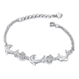 Pulsera De Titanio Con Baño De Platino Y Diamantes De Alta Calidad Con Forma De Delfín Para Mujer.