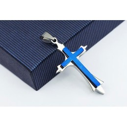 Elegante Colgante De Cruz De Titanio Azul Para Hombre (Cadena Gratis)