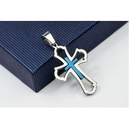 Hermoso Colgante De Cruz De Titanio Azul Hueco Para Hombre (Cadena Gratis)
