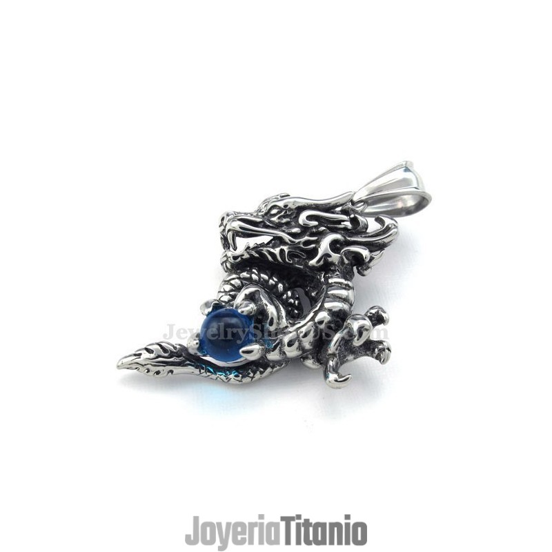 Exquisito Collar Con Colgante De Dragón De Titanio Y Circonita Azul (Cadena Gratis)