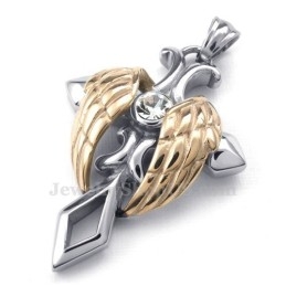 Collar Con Colgante De Cruz De Titanio Con Alas De Ángel En Oro Rosa (Cadena Gratis)
