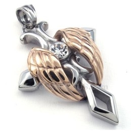 Collar Con Colgante De Cruz De Titanio Con Alas De Ángel En Oro Rosa (Cadena Gratis)