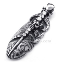 Collar De Titanio Con Colgante De Pluma Y Calavera (Cadena Gratis)