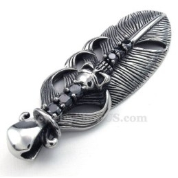 Collar De Titanio Con Colgante De Pluma Y Calavera (Cadena Gratis)
