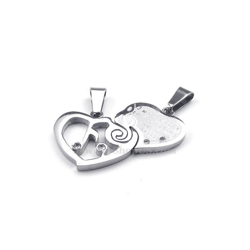 Collar Con Colgante De Corazón De Pareja De Titanio Y Plata (Cadena Gratis) (Un Par)