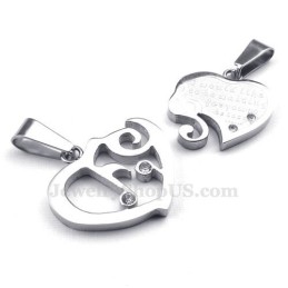 Collar Con Colgante De Corazón De Pareja De Titanio Y Plata (Cadena Gratis) (Un Par)