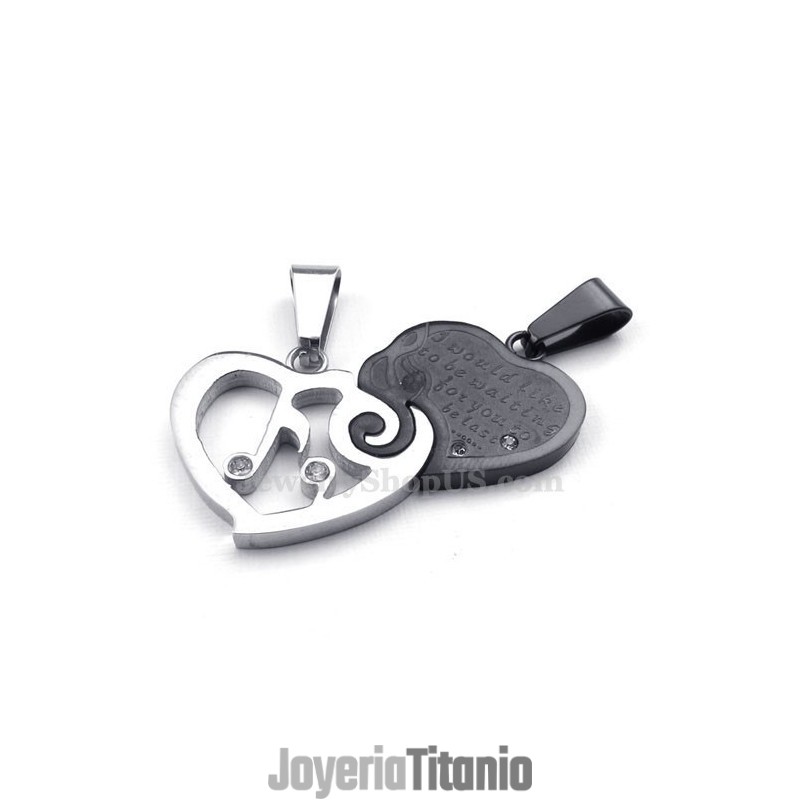 Collar Con Colgante De Corazón Para Pareja En Plata Y Titanio Negro (Cadena Gratis) (Un Par)