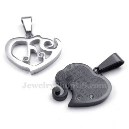 Collar Con Colgante De Corazón Para Pareja En Plata Y Titanio Negro (Cadena Gratis) (Un Par)