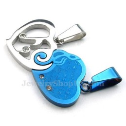 Collar Con Colgante De Corazón De Titanio Azul Y Plateado Para Parejas (Cadena Gratis) (Un Par)