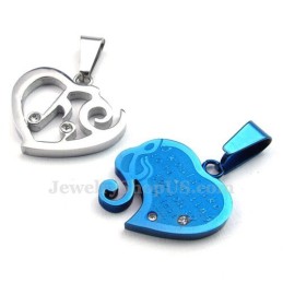 Collar Con Colgante De Corazón De Titanio Azul Y Plateado Para Parejas (Cadena Gratis) (Un Par)