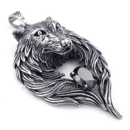 Collar Con Colgante De Lobo De Titanio Y Circonita Negra (Cadena Gratis)