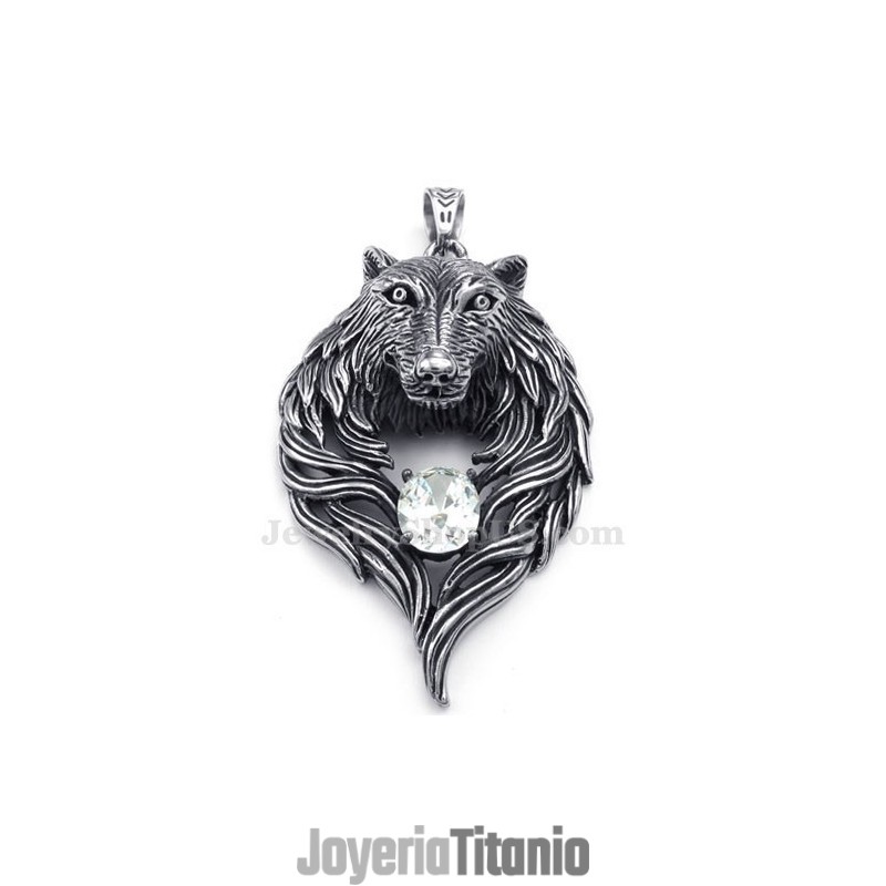 Collar Con Colgante De Lobo De Titanio Y Circonita Blanca (Cadena Gratis)