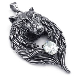 Collar Con Colgante De Lobo De Titanio Y Circonita Blanca (Cadena Gratis)