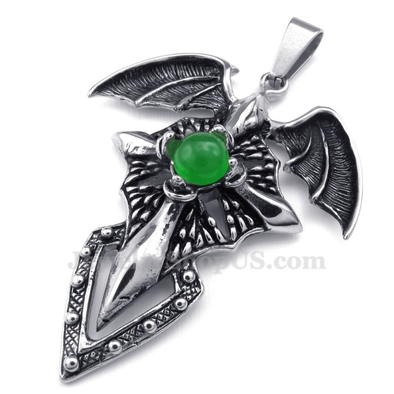 Collar Con Colgante De Pterosaurio De Titanio Con Cuentas Verdes (Cadena Gratis) Collar Con Colgante De Pterosaurio De Titanio Con Cuentas Verdes (Cadena Gratis)
