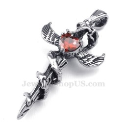 Collar Con Colgante De Cruz De Titanio Con Alas De Espada Y Circonita Roja (Cadena Gratis)