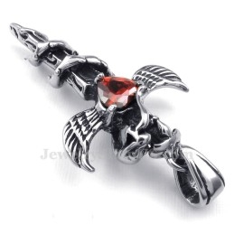 Collar Con Colgante De Cruz De Titanio Con Alas De Espada Y Circonita Roja (Cadena Gratis)