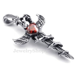 Collar Con Colgante De Cruz De Titanio Con Alas De Espada Y Circonita Roja (Cadena Gratis)