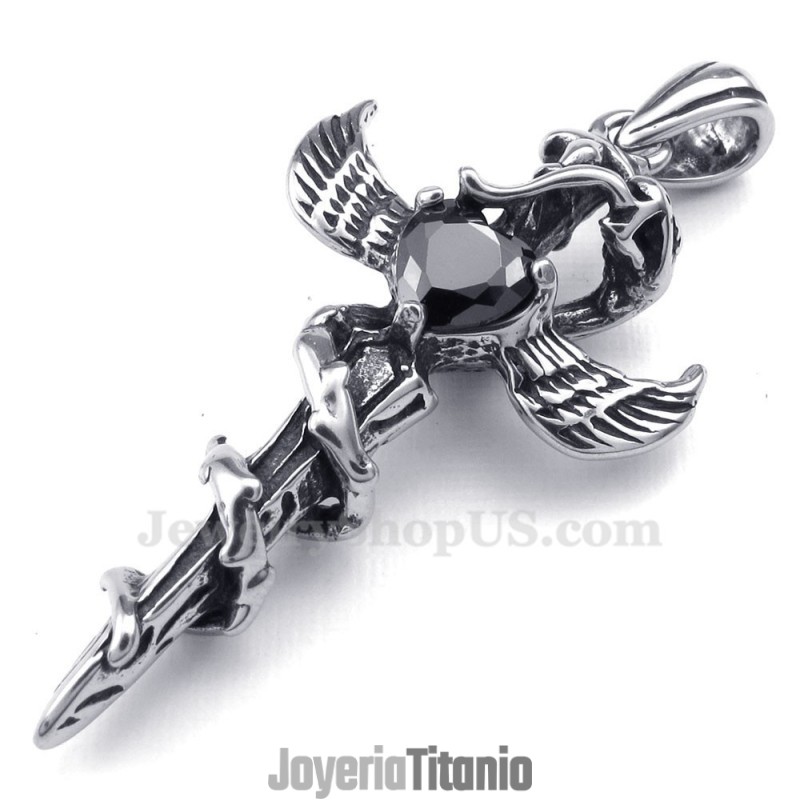 Collar Con Colgante De Cruz De Titanio Con Alas De Espada Y Circonita Negra (Cadena Gratis) Collar Con Colgante De Cruz De Titanio Con Alas De Espada Y Circonita Negra (Cadena Gratis)