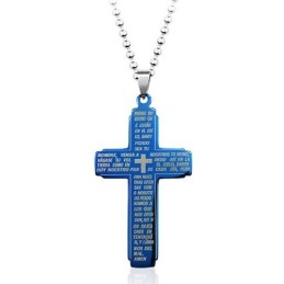 Colgante De Cruz De Titanio Con La Biblia Azul - Cadena Gratis