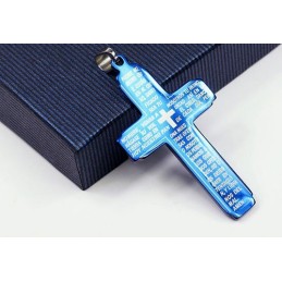 Colgante De Cruz De Titanio Con La Biblia Azul - Cadena Gratis