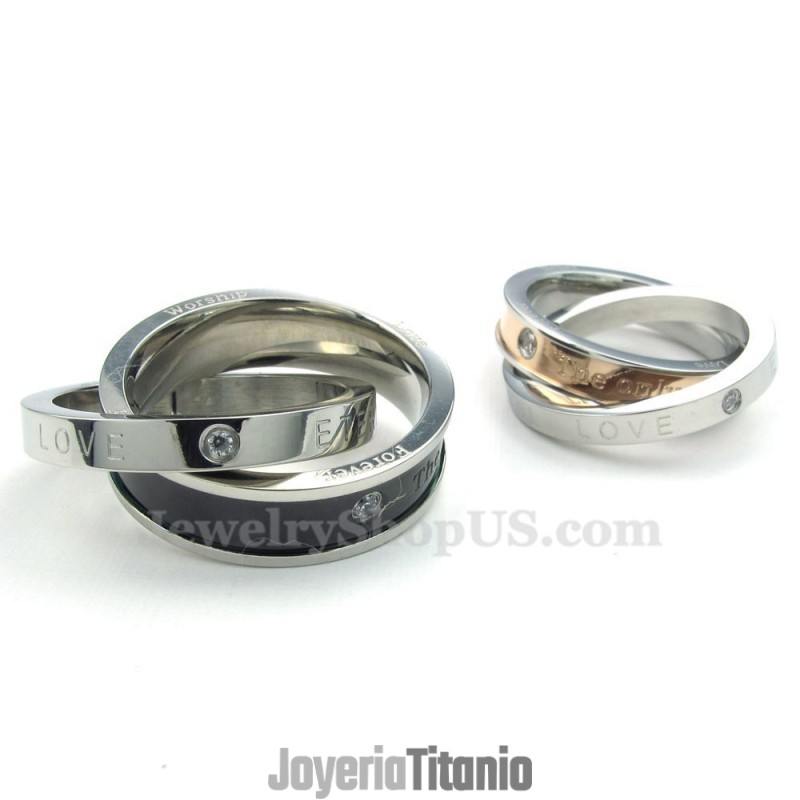 Collar Con Colgante De Pareja De Anillos Entrelazados De Titanio "Worship Love" (Cadena Gratis) (Un Par)