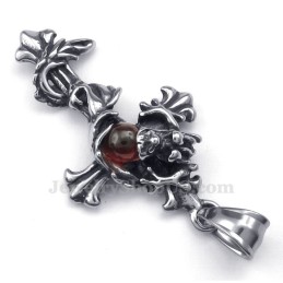 Collar Con Colgante De Cruz De Titanio Con Cuentas Rojas De Dragón (Cadena Gratis)