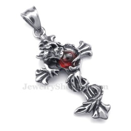 Collar Con Colgante De Cruz De Titanio Con Cuentas Rojas De Dragón (Cadena Gratis)