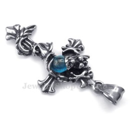Collar Con Colgante De Cruz De Titanio Con Cuentas De Dragón Azul (Cadena Gratis)