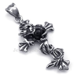 Collar Con Colgante De Cruz De Titanio Con Cuentas Negras De Dragón (Cadena Gratis)