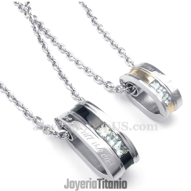 Collar Con Colgante De Pareja De Círculos De Titanio Y Circonita Blanca (Cadena Gratis) (Un Par)