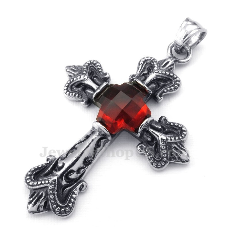 Collar Con Colgante De Cruz De Circonita Roja De Titanio (Cadena Gratis) Collar Con Colgante De Cruz De Circonita Roja De Titanio (Cadena Gratis)