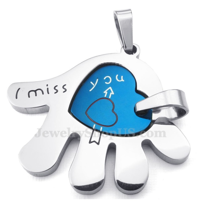 Collar Con Colgante De Mano De Pareja De Titanio Con Corazones Azules (Cadena Gratis) (Un Par)