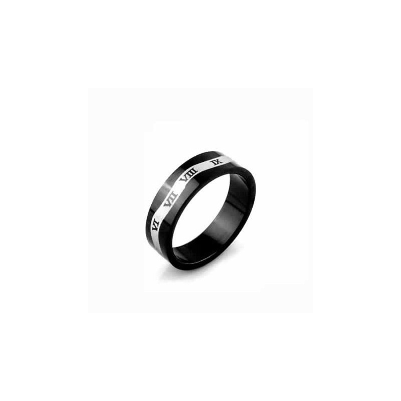 Anillo De Titanio Negro De 6 Mm Con Números Romanos Y Ondas Para Hombre