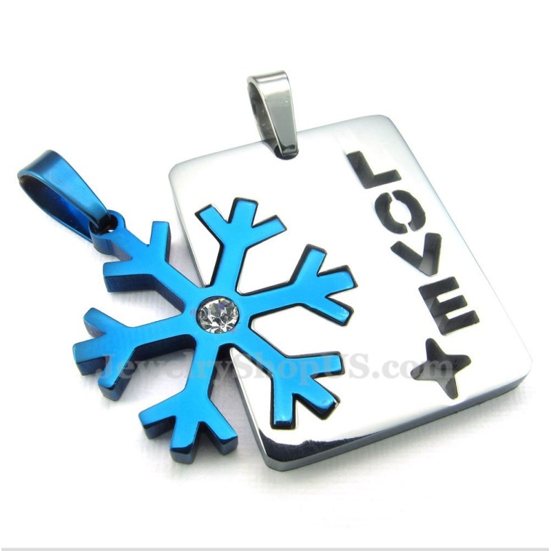 Collar De Titanio Con Colgante De Copo De Nieve Azul Para Parejas (Cadena Gratis) (Un Par)